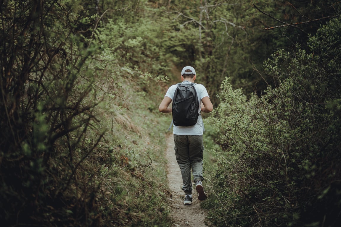 Man walking through forest